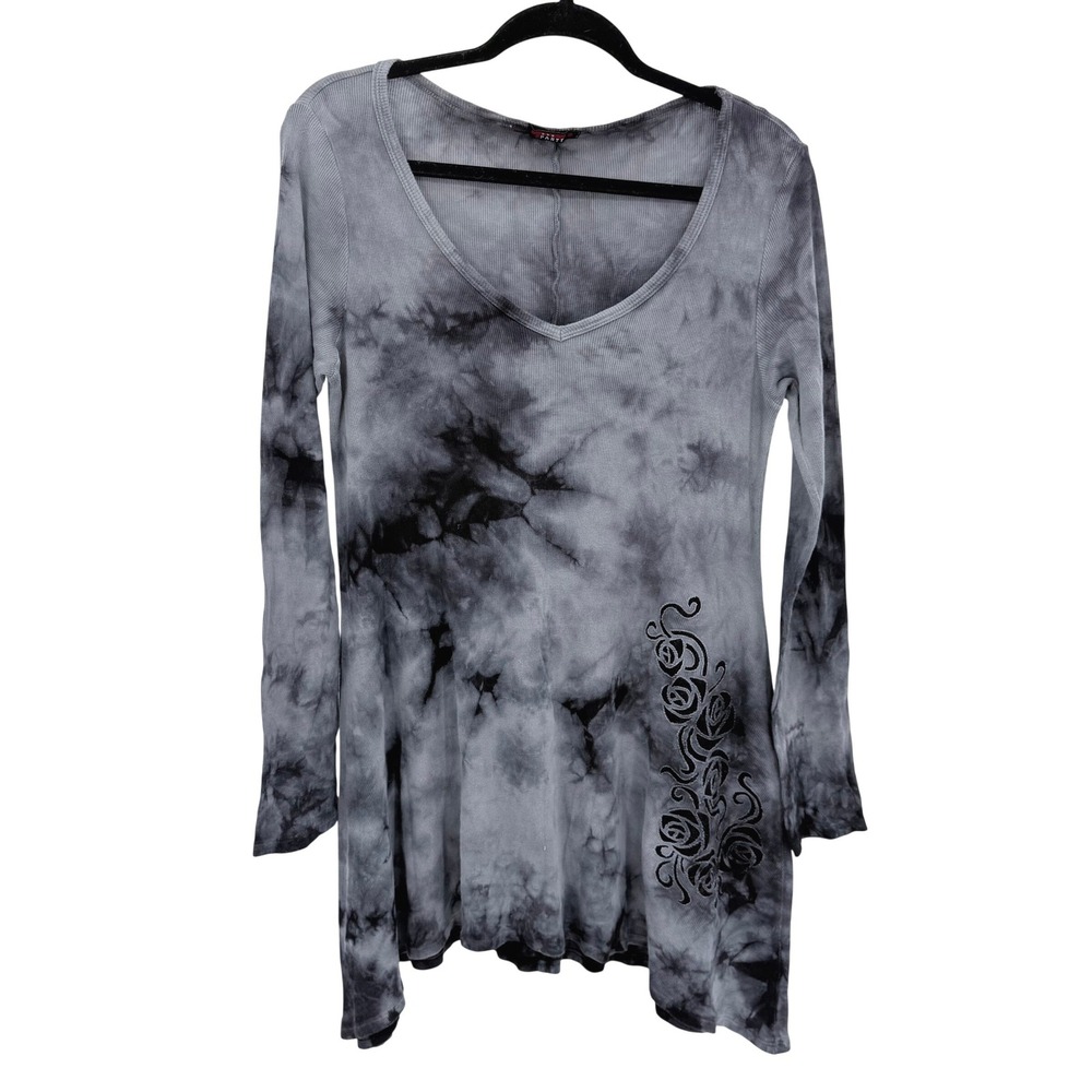 T-Party Womens Grey Black Tie Dye Rose Embroidered Ribbed Tunic Top Large